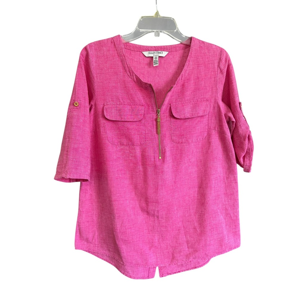 Ellen Tracy Womens Pink Linen Blend Roll Tab Sleeve Half Zip Blouse Top Small